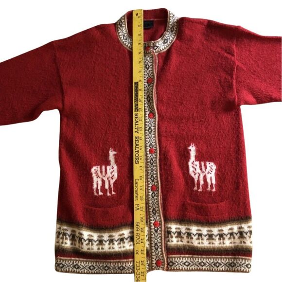 ALPACA Wool LLAMA CARDIGAN Women’s Size Large Vintage Red Nordic - Picture 9 of 11